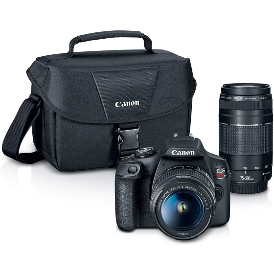 Canon EOS Rebel T7 数码单反相机|2 个镜头套件,带 EF18-55mm + EF 75-300mm 镜头,送包，黑色